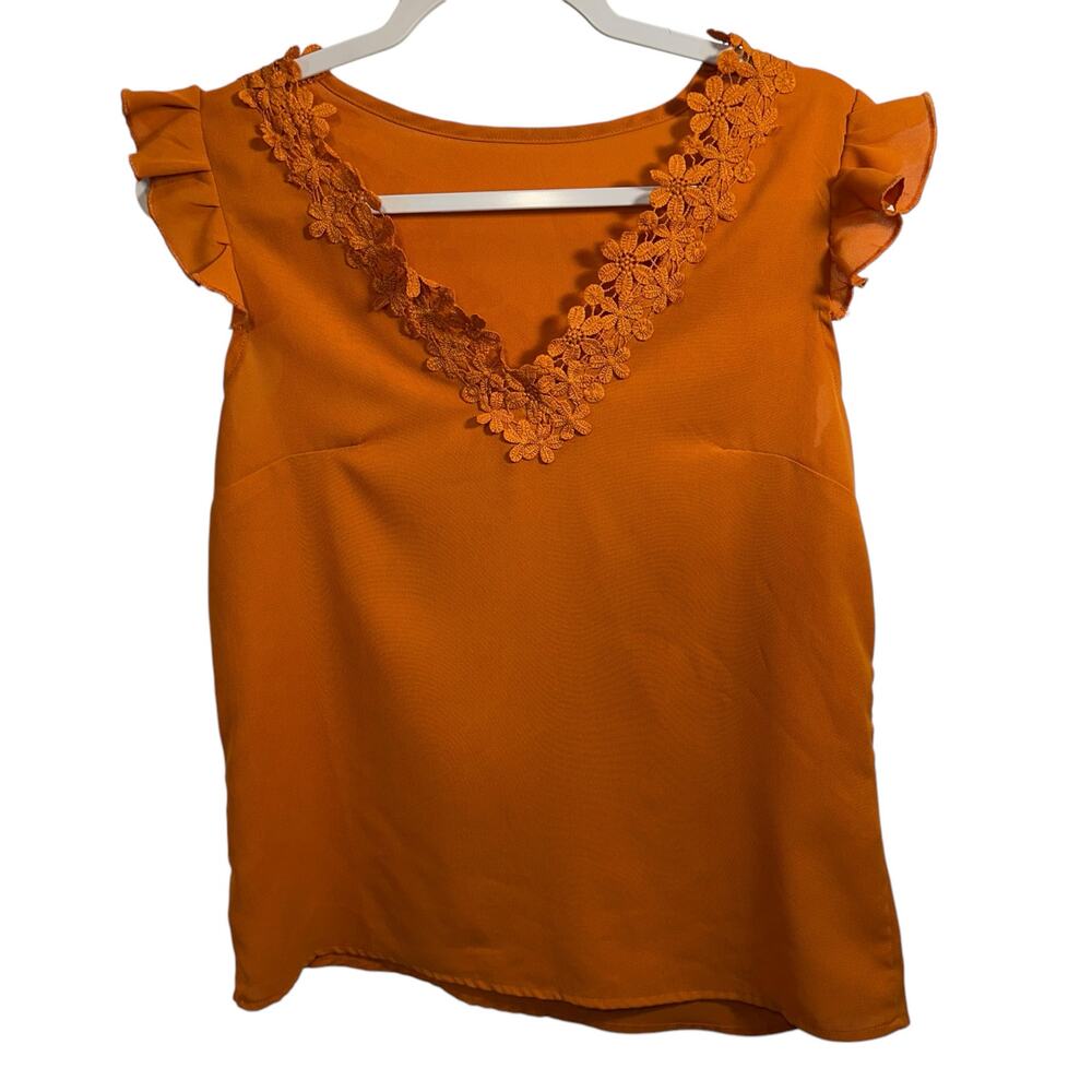 Crocheted Floral Lace Ruffle Blouse Sheer Orange Feminine Delicate Spring Sz S